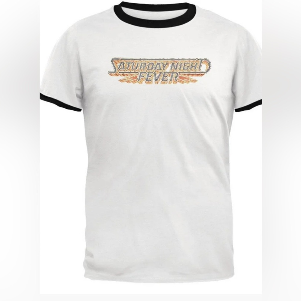 Saturday Night Fever White Short Sleeve Ringer Tee with Retro Graphic
